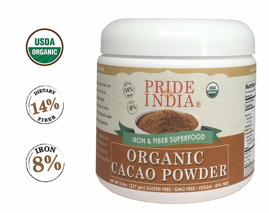 Pride Of India - Organic Cacao Powder (From premium Criollo Beans)  - 8oz (227gm) Jar