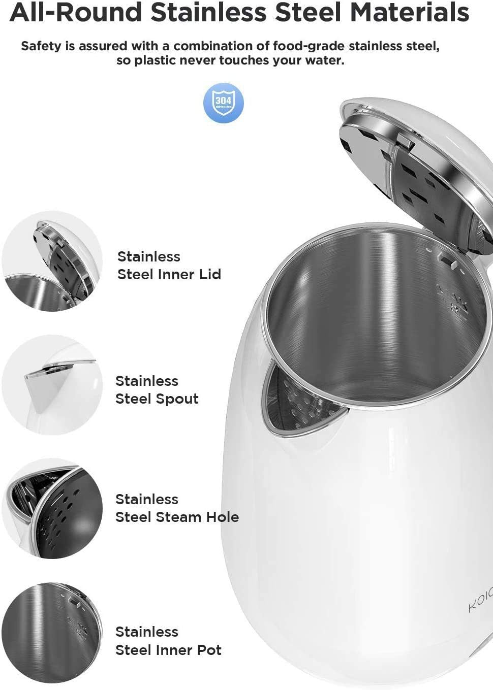 KOIOS 1.8L 304 Stainless Steel Hot Water Boiler, Double Wall Electric Tea Kettle