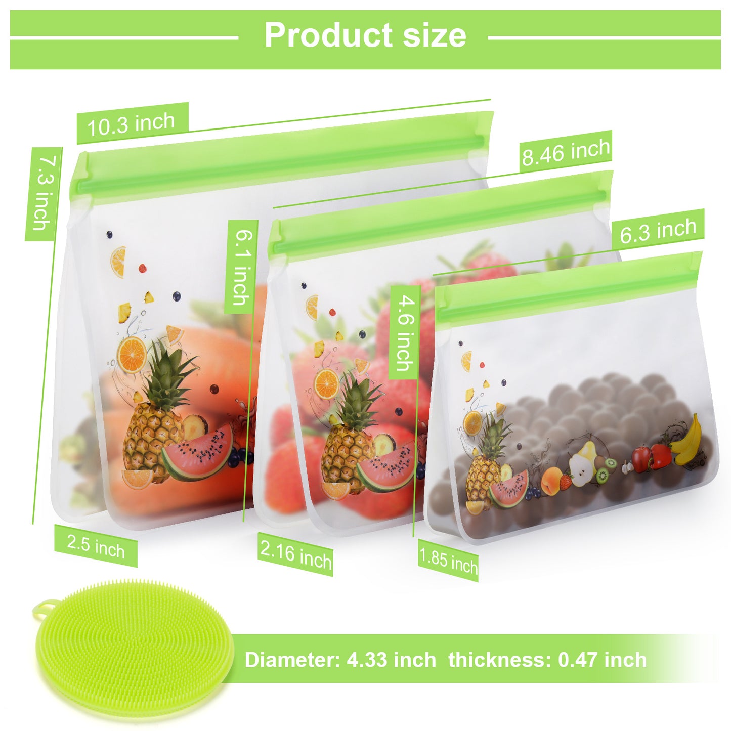 green Reusable Food Storage Bags Stand Up - 12 Pack Leakproof Freezer Bags - 4 Washable Gallon Bags + 4 Reusable Sandwich Bags + 4 Reusable Snack Bags - Lunch Bags for Fruits Meat Cereal Vegetable