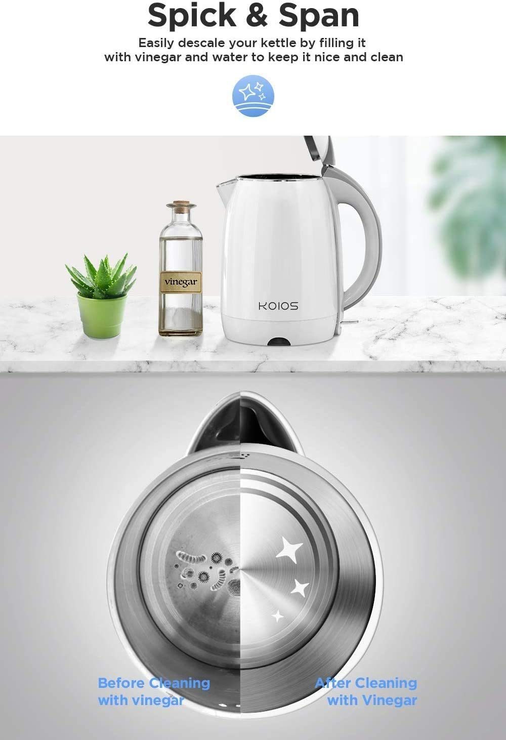 KOIOS 1.8L 304 Stainless Steel Hot Water Boiler, Double Wall Electric Tea Kettle