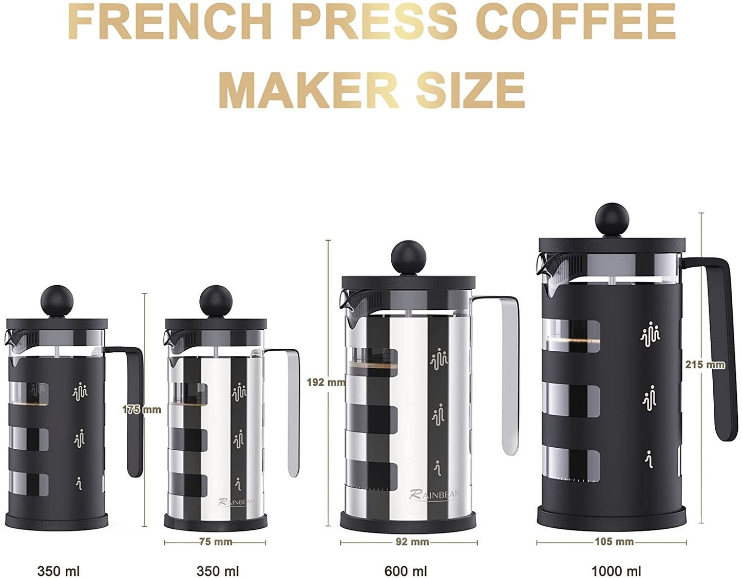 Medium French Press Coffee Maker 21oz/12 oz, 600 ml/350 ml, 100% BPA Free Glass with Spoon and Brush
