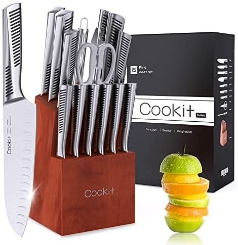 Kitchen Knife Set, 15 Piece, Stainless Steel Hollow Handle Cutlery with Manual Sharpener