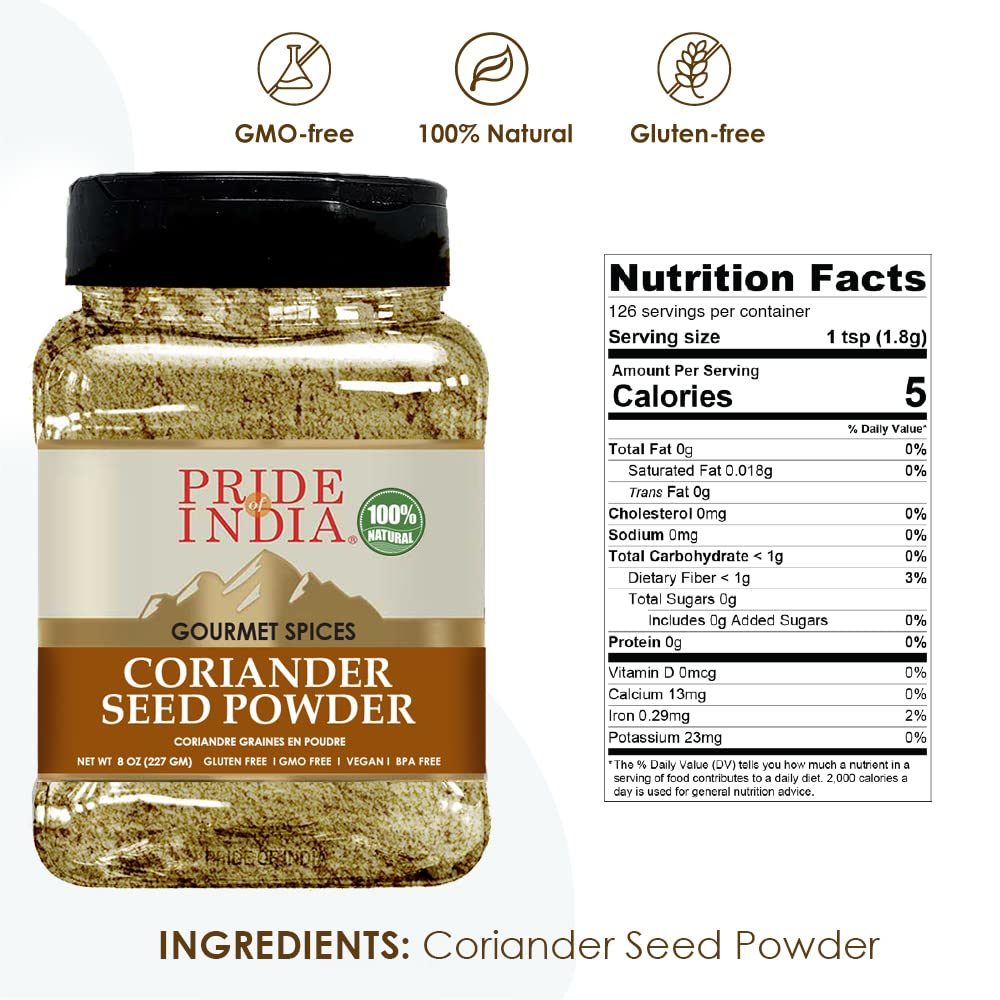 Pride of India – Coriander Seed Ground – A Must Have in Indian & Middle Eastern Cuisines – 8oz. Medium Dual Sifter Jar