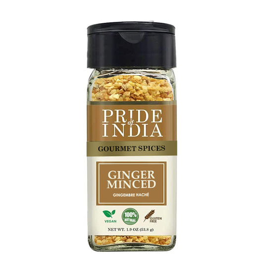 Pride of India – Ginger Minced Whole – Antioxidant rich - 1.9 oz. Small Dual Sifter Bottle