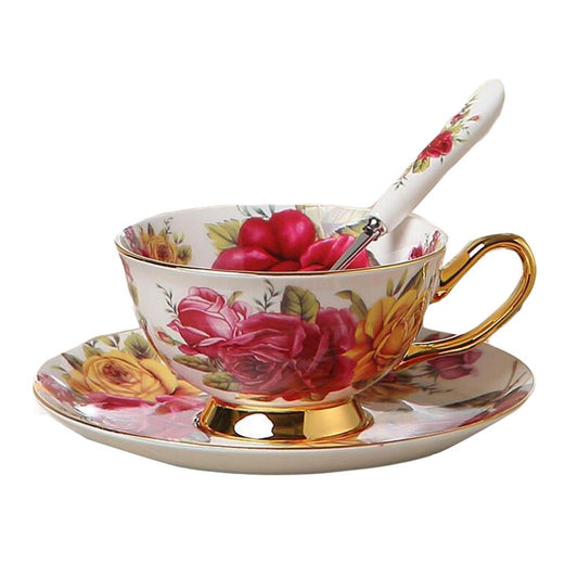 Rose 6.8 OZ  Porcelain Tea Cup and Saucer Set, with Spoon