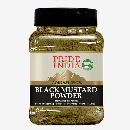 Pride of India – Black Mustard Seed Ground – Additives Free - 8 oz. Medium Dual Sifter Bottle