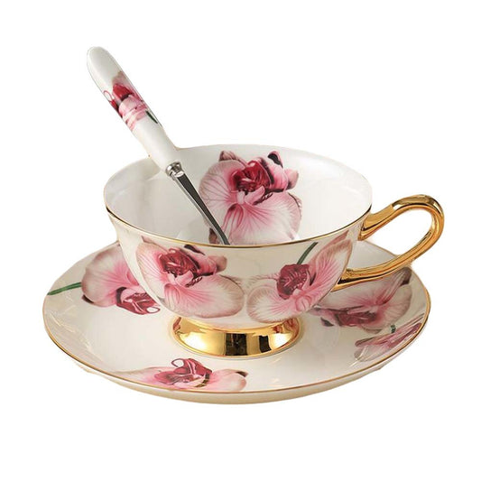 Porcelain Foral Tea Cup and Saucer Set, with spoon 6.8OZ