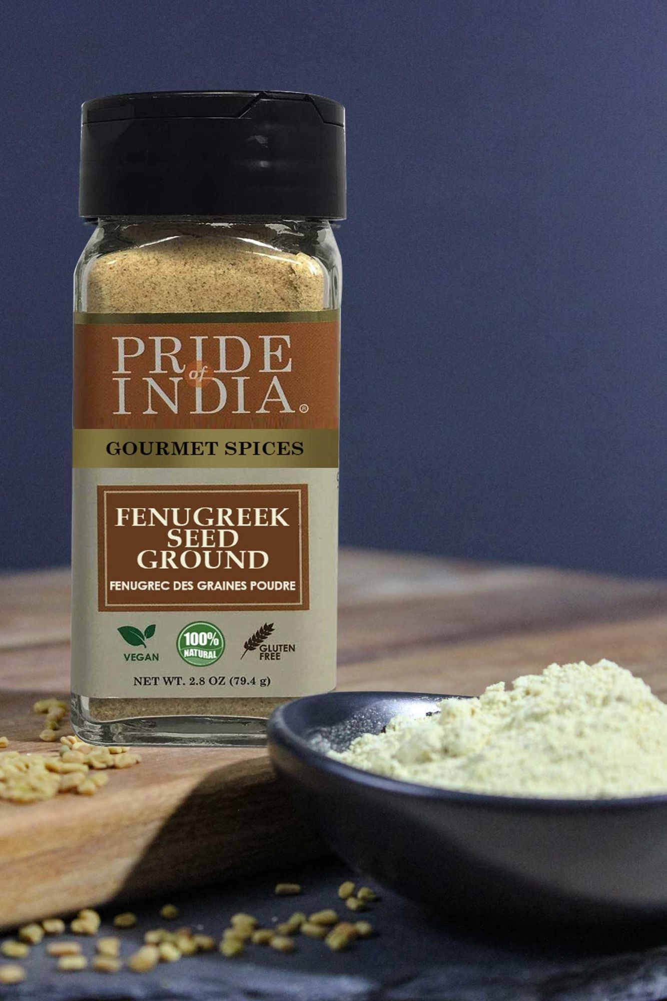 Pride of India – Fenugreek Seed Ground – Vegan, Gluten & GMO-Free – 2.8 oz. Small Dual Sifter Jar