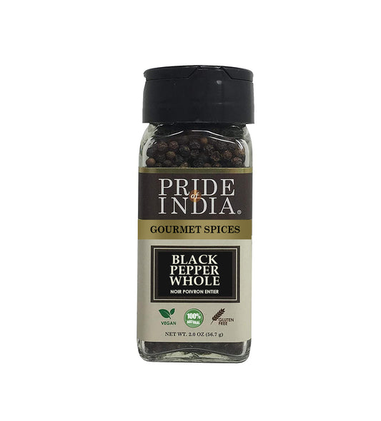 Pride of India – Black Peppercorn Whole – Preservative & Gluten Free – 1.65 oz. Small Dual Sifter Jar