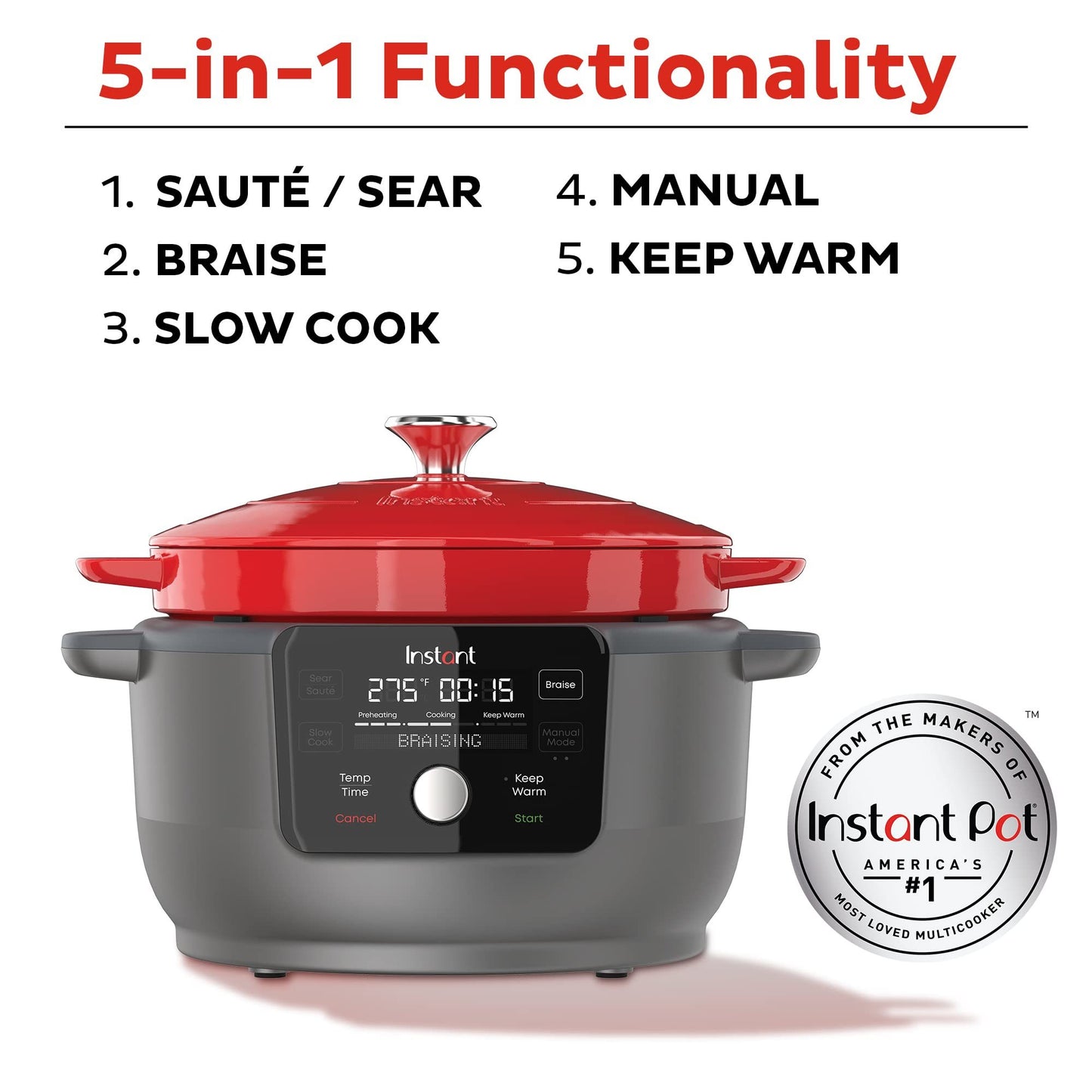 Instant Electric Precision Dutch Oven, 5-in-1, Enamel Coated, Cast Iron, 6-Quart, 1500W, Red