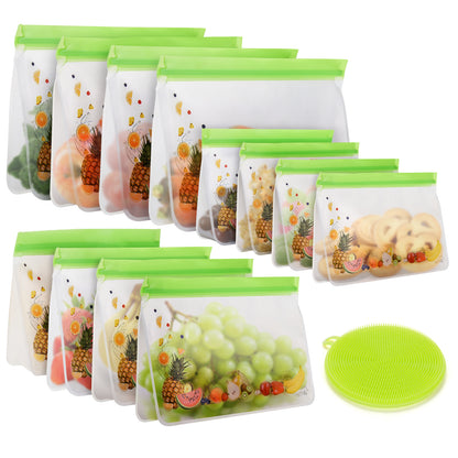 green Reusable Food Storage Bags Stand Up - 12 Pack Leakproof Freezer Bags - 4 Washable Gallon Bags + 4 Reusable Sandwich Bags + 4 Reusable Snack Bags - Lunch Bags for Fruits Meat Cereal Vegetable