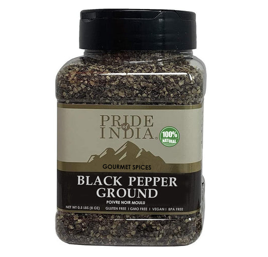 Pride of India – Black Pepper Ground  – Fresh & Preservatives Free – Warming Spice – 8oz. Medium Dual Sifter Jar