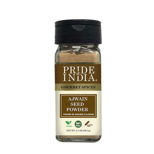 Pride of India – Ajwain Seed Powder – Made from Fresh Carom Seeds –Nutrient rich - 2.1 oz. Small Dual Sifter Bottle