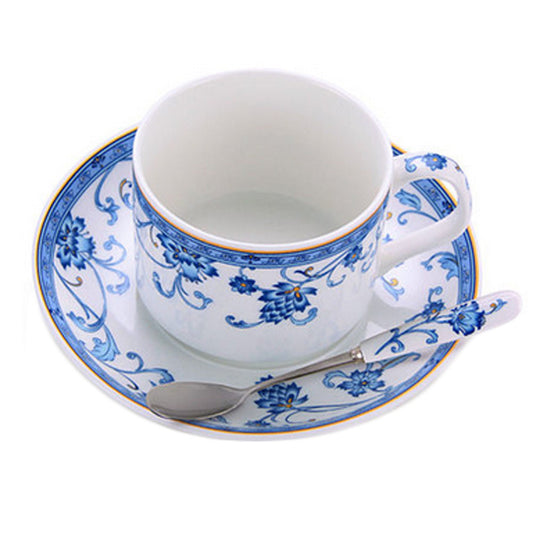 Ceramic Coffee Cup Set, British Afternoon Tea Mug With Plate&Spoon (Blue White)