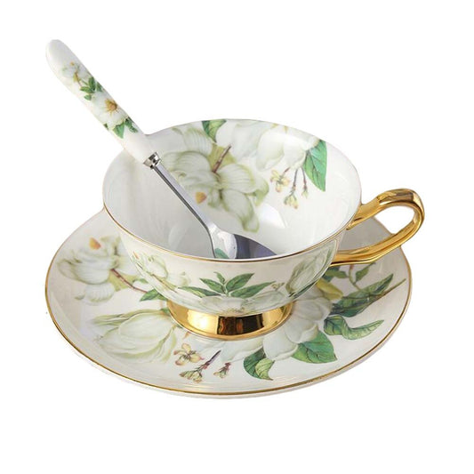 Magnolia Coffee Cup and Saucer Porcelain Set, with Spoon, 6.8 OZ