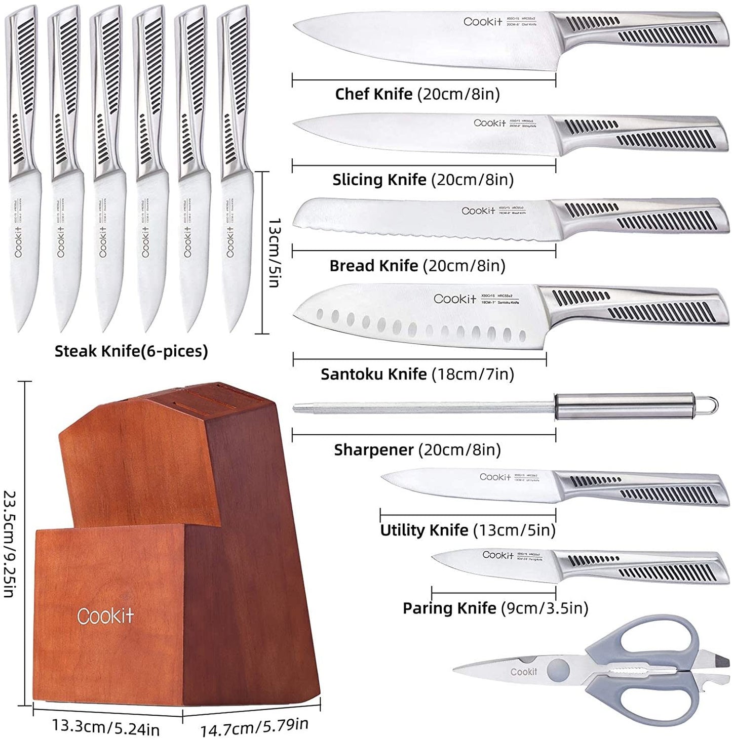 Kitchen Knife Set, 15 Piece, Stainless Steel Hollow Handle Cutlery with Manual Sharpener